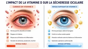 Infographie montrant le lien entre le taux de vitamine D et l'inflammation de la surface oculaire.